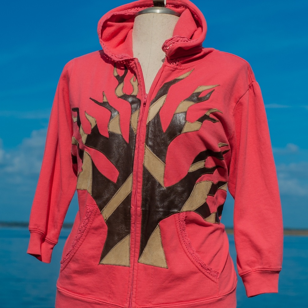 Reworked Torrid Patchwork Tree Leather & Suede Hoodie 2X Upcycled Boho Handmade